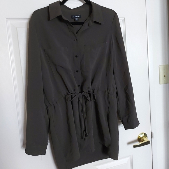 Olive Button Down Tie Waist Blouse from Le Chateau